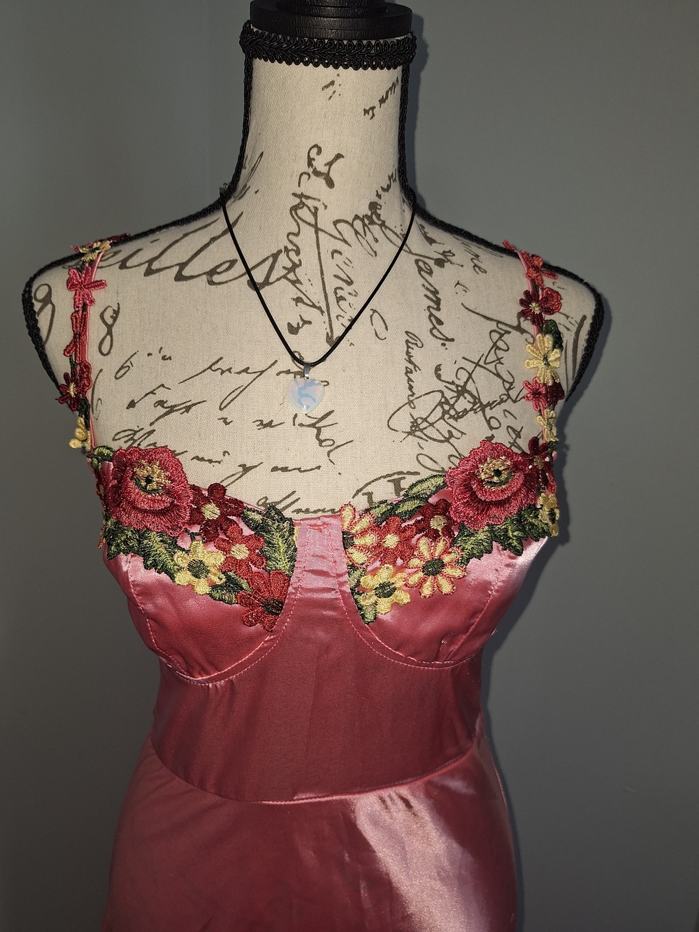 Vici Rose Pink Satin Prom Dress with Multicolor Floral Embroidery